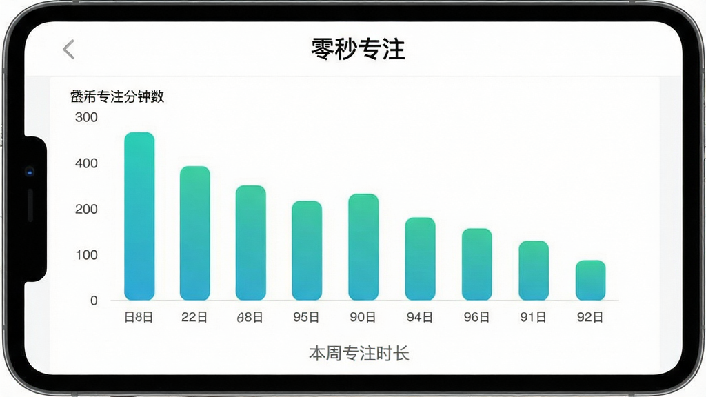 一张“零秒专注”应用内的数据统计页面截图,画面主体是一个简洁的柱状图,横轴代表日期,纵轴代表专注分钟数,柱状图颜色为渐变的青绿色,图表下方有“本周专注时长”的灰色小字标题,界面背景为纯白色,布局清晰,风格清新明快,细节上柱状图有轻微的圆角,画质干净无噪点。