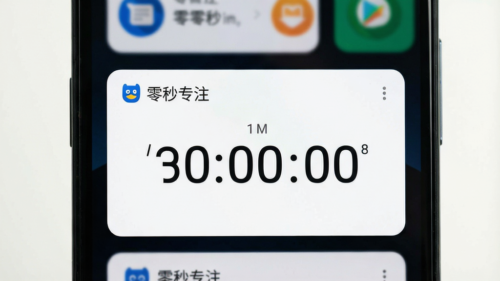 一张展示“零秒专注”应用在手机后台多任务界面中的截图,画面主体是手机的多任务卡片视图,其中“零秒专注”的卡片显示着正在运行的计时状态,卡片上方有“零秒专注”的文字标识,背景是模糊的其他应用卡片,整体风格为安卓原生多任务界面,细节上计时数字清晰可见,画质干净,无多余装饰。