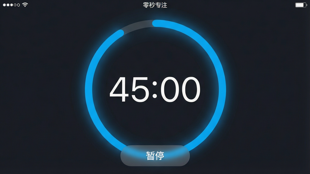 一张“零秒专注”应用内的极简计时界面截图,画面主体是一个深空灰色背景上的亮蓝色圆形进度环,环内显示“45:00”的白色数字,界面顶部有细小的状态栏,底部有一个半透明的“暂停”按钮,整体布局干净利落,风格属于现代极简主义,细节上进度环有轻微的发光效果,画质清晰锐利,无任何广告或多余图标。