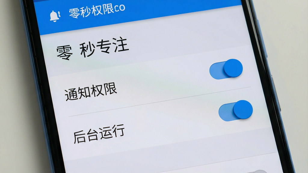 一张展示手机屏幕的图片,屏幕上显示“零秒专注”应用的权限设置界面,界面中有“通知权限”和“后台运行”两个开关选项,开关处于打开状态,背景为系统设置页面的浅灰色,风格为安卓原生设置界面,细节上开关按钮为蓝色,文字清晰,画质干净,无多余元素。