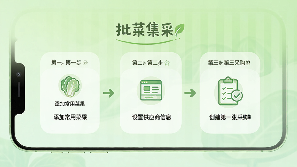 批菜集采新手操作指引界面展示,手机屏幕显示着分步引导页面,第一步是添加常用菜品,第二步是设置供应商信息,第三步是创建第一张采购单,每一步都有简洁的图标和文字说明,背景是淡绿色渐变,风格清新友好,画质干净无多余元素,图片中文字标注“批菜集采”