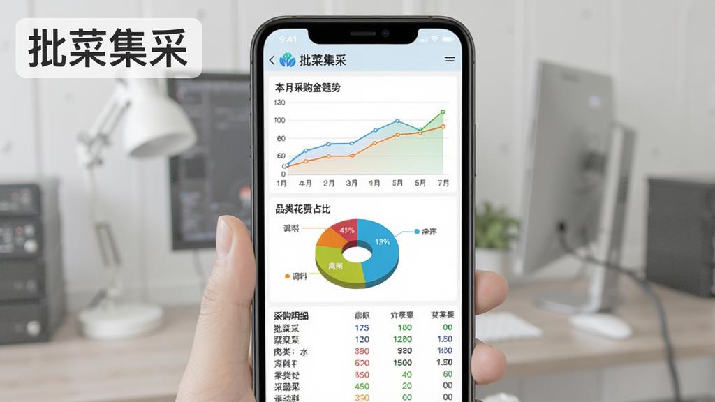 批菜集采数据统计报表界面展示,手机屏幕显示着本月采购金额趋势折线图和品类花费占比饼图,图表颜色清晰区分蔬菜、肉类、水产、调料等类别,下方有详细的采购明细列表,整体风格专业简洁,画面干净无杂乱元素,图片中文字标注“批菜集采”
