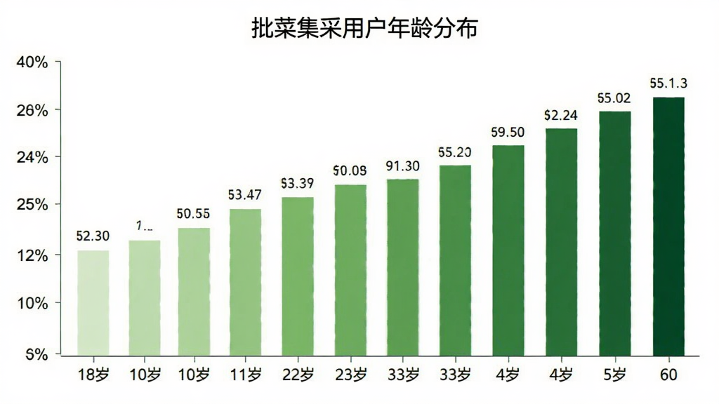 批菜集采用户年龄分布柱状图,横轴是年龄段从18岁到60岁,纵轴是用户占比百分比,柱状图颜色从浅绿到深绿渐变,每个柱子上方标注具体百分比数字,图表标题为“批菜集采用户年龄分布”,背景干净白色,风格简洁专业,画质清晰无多余元素