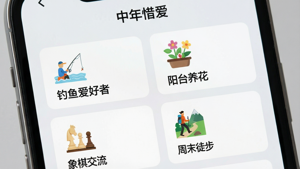 一张展示手机界面的图片,界面显示“中年惜爱”的兴趣小组页面,页面上排列着“钓鱼爱好者”、“阳台养花”、“象棋交流”、“周末徒步”等小组卡片,每个卡片上有对应的小图标,背景是浅灰色,风格清爽,画质清晰,无多余元素
