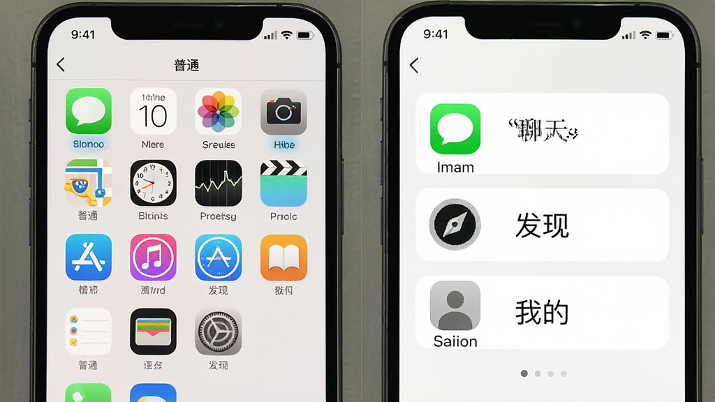 一张对比图,左边是普通模式的手机界面,图标较小;右边是“中年惜爱”的极简模式界面,图标和文字明显放大,界面只有“聊天”、“发现”、“我的”三个大按钮,背景干净,风格简洁,画质清晰,无多余元素