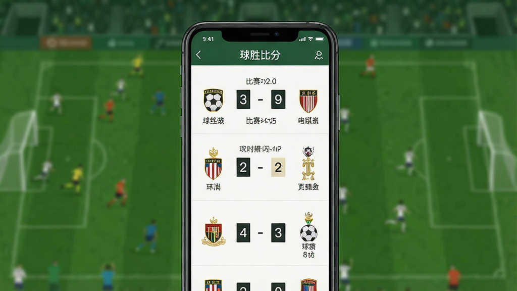 一张手机应用界面截图,展示“球胜比分”App的主页。画面主体是一部竖屏手机,屏幕内显示足球比赛实时比分列表,包含队徽、比分、比赛时间等元素。布局上手机居中,背景为虚化的绿色足球场。风格为现代扁平化UI设计,细节清晰,画质干净,无多余元素。