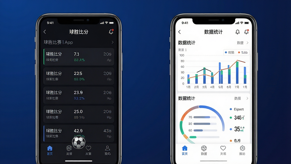 一张AI生成的图片,展示“球胜比分”App的界面设计。画面主体是两部手机并排,左侧显示深色模式比赛列表,右侧显示数据统计图表。布局对称,背景为深蓝色渐变。风格为现代UI展示图,细节包括底部导航栏和图标,画质干净,无多余元素。