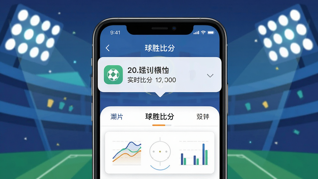 一张AI生成的图片,展示“球胜比分”App的实时比分推送功能。画面主体是手机屏幕特写,屏幕上方弹出进球通知,下方是比赛数据面板。布局为手机居中,背景是抽象的体育场灯光。风格为科技感扁平插画,细节包括通知图标和数据图表,画质干净,无多余元素。