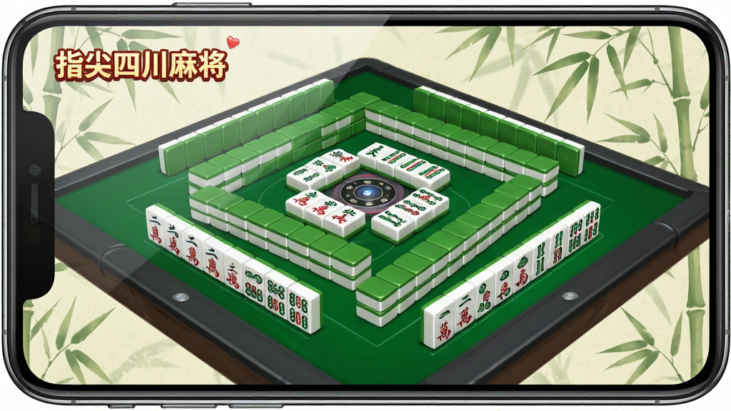 一张手机游戏界面截图,画面中心是绿色的四川麻将牌桌,桌面上摆放着整齐的麻将牌,牌面清晰可见万、条、筒等花色,桌角有“指尖四川麻将”的游戏Logo,背景是淡雅的竹叶纹理,整体风格清新明快,画质干净,无多余元素,手机屏幕边缘有轻微的反光效果,突出真实感