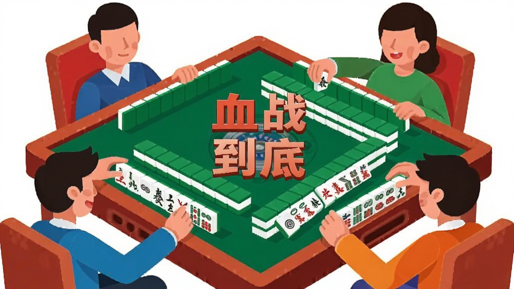 一张展示四川麻将血战到底玩法的示意图,画面中有四名玩家头像围坐在方形牌桌旁,牌桌中央显示“血战到底”四个大字,麻将牌排列整齐,其中一家已经胡牌,其他三家仍在继续摸牌,画面风格为扁平化插画,色彩鲜艳,主体突出,背景简洁,画质清晰,无多余元素