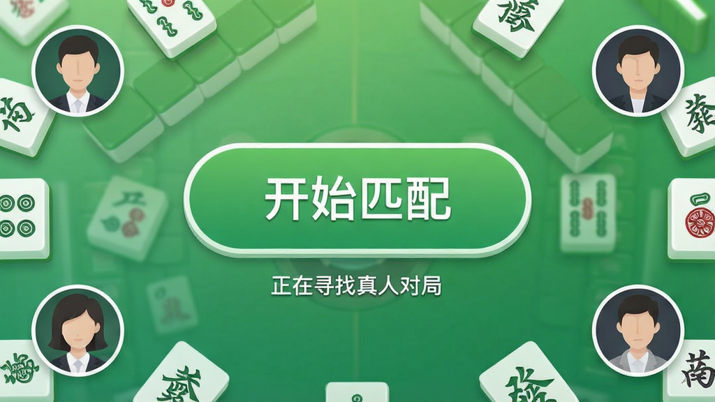 一张展示手机游戏匹配界面的图片,画面中央有一个大大的“开始匹配”按钮,按钮下方显示“正在寻找真人对局”的提示文字,周围环绕着几个玩家头像,背景是麻将牌元素组成的渐变图案,风格简洁现代,色调以绿色和白色为主,画质干净,无多余元素