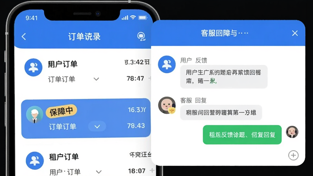 租号汪订单保障与客服界面,手机屏幕显示订单记录列表,其中一条订单标注保障中标签,旁边有客服对话框弹窗,对话框内显示用户反馈问题和客服回复内容,整体风格扁平化,蓝白配色为主,图标圆润,文字清晰,画质干净,无杂乱广告元素