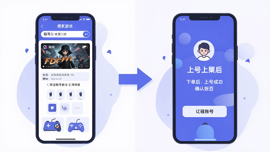 租号汪新手操作流程图,画面分为左右两部分,左侧是手机界面展示搜索游戏和筛选账号步骤,右侧是下单后上号成功的确认页面,中间用箭头连接,整体为扁平插画风格,蓝紫配色,文字标注清晰,画质干净,无多余装饰元素