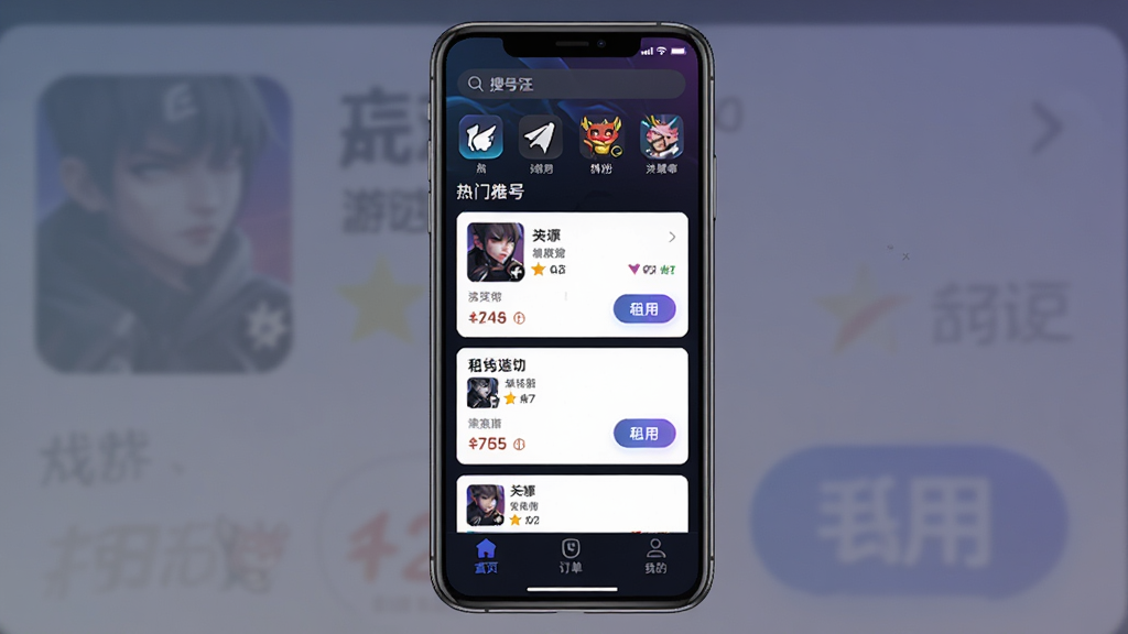 租号汪软件主界面全貌展示,画面中央是手机屏幕,屏幕内显示租号汪应用首页,顶部有搜索栏和游戏分类图标,中间是热门账号推荐列表,每个卡片上有游戏名称、段位、价格和租用按钮,底部为首页、订单、我的三个导航标签,整体采用深色电竞风格配色,蓝紫渐变点缀,界面干净无广告弹窗,文字清晰可读,画质高清,无多余杂乱元素