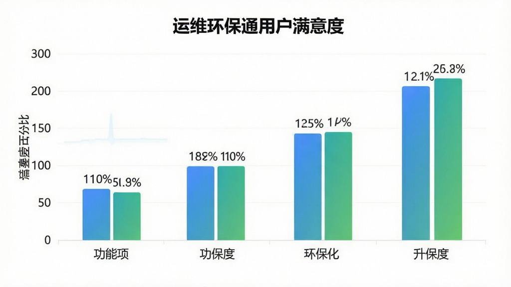 一张展示“运维环保通”用户评价对比的柱状图,图表标题为“运维环保通用户满意度”,横轴为功能项,纵轴为满意度百分比,柱状图颜色为蓝绿渐变,背景干净,数据标签清晰,风格简洁现代,画质清晰,无多余元素