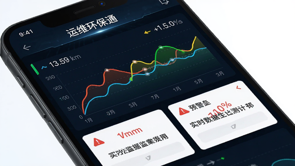 一张展示“运维环保通”实时数据监测功能的手机界面,手机屏幕显示多组数据曲线图和预警提示卡片,屏幕顶部有“运维环保通”字样,界面背景为深色科技风,曲线颜色鲜明,风格专业,画质清晰,无多余元素