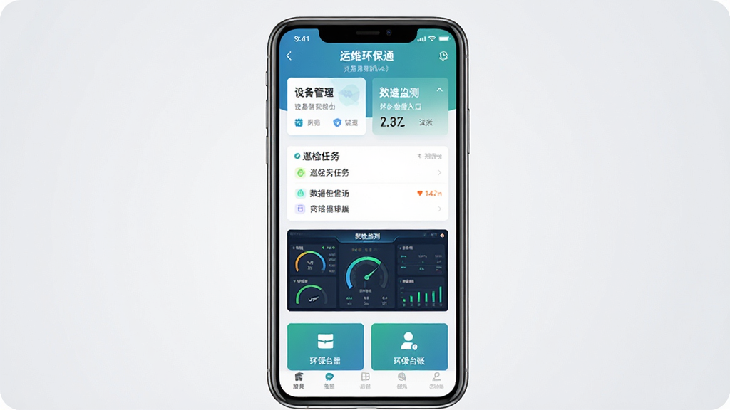 一张展示“运维环保通”软件核心全貌的手机应用界面截图,画面中央是手机屏幕,屏幕上显示软件主界面,包含设备管理卡片、巡检任务列表、数据监测仪表盘和环保台账入口,界面以蓝绿色调为主,布局清晰,风格现代扁平,背景为干净的浅灰色渐变,画质清晰,无多余元素