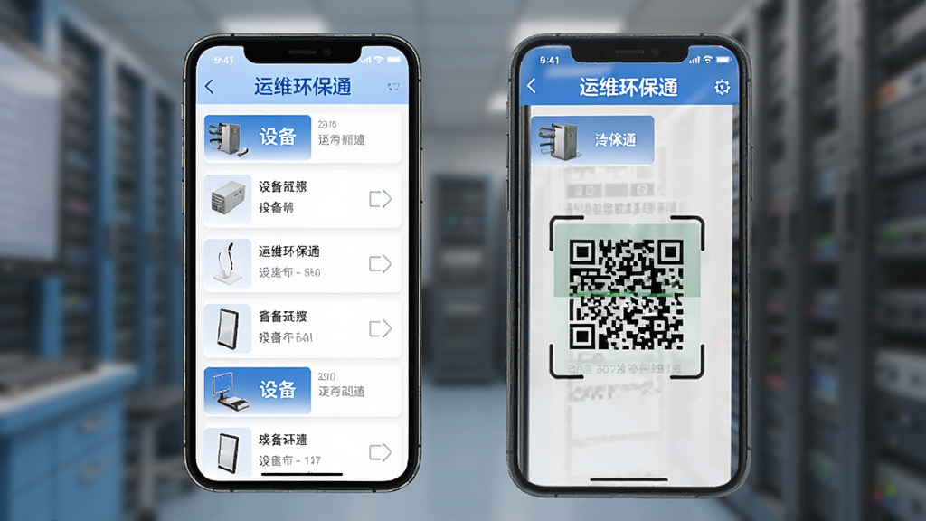 一张展示“运维环保通”设备台账管理功能的手机界面,手机屏幕显示设备列表和二维码扫描区域,屏幕上方有“运维环保通”文字标识,界面以白色和蓝色为主,设备卡片排列整齐,风格简洁商务,画质干净,无多余元素