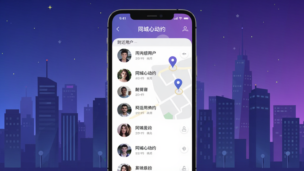 ͬ���Ķ�ԼApp������չʾ�������������ֻ���Ļ����Ļ����ʾͬ���Ķ�Լ�ĸ����û��б��͵�ͼ��λͼ�꣬�����ǳ���ҹ������ߣ�����ɫ����ɫ������ƽ��UI��Ʒ�񣬽���Ԫ�����������ֱ�ǩ��ȷ�����ʸɾ��޶���Ԫ��