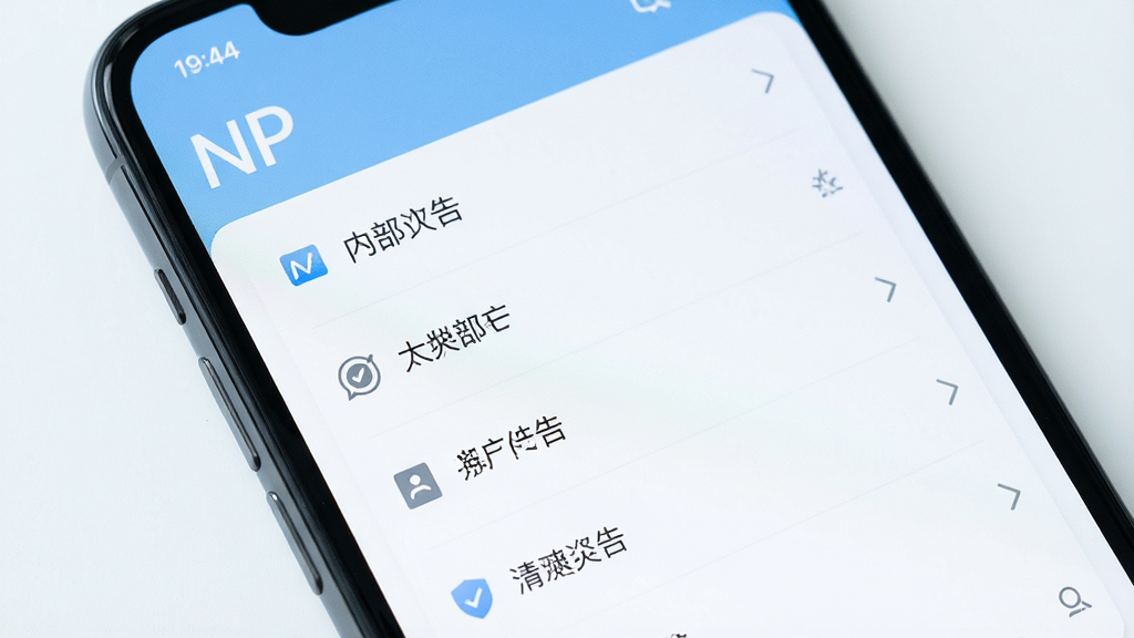 一张展示“NP”软件内部界面的图片,画面中手机屏幕显示干净的功能列表,没有任何广告横幅或弹窗,背景为浅色,界面元素排列整齐,风格极简,画质清晰,突出“无广告”的清爽感