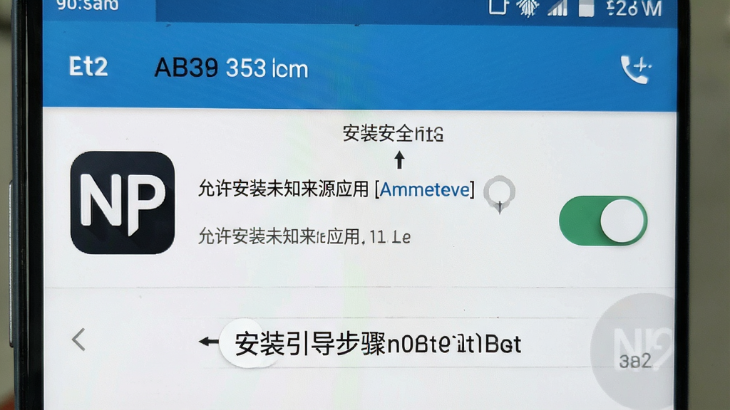 一张手机安全设置界面示意图,画面展示安卓系统中“允许安装未知来源应用”的开关位置,旁边有“NP”软件图标,界面风格真实手机截图样式,标注清晰,画质干净,突出安装引导步骤