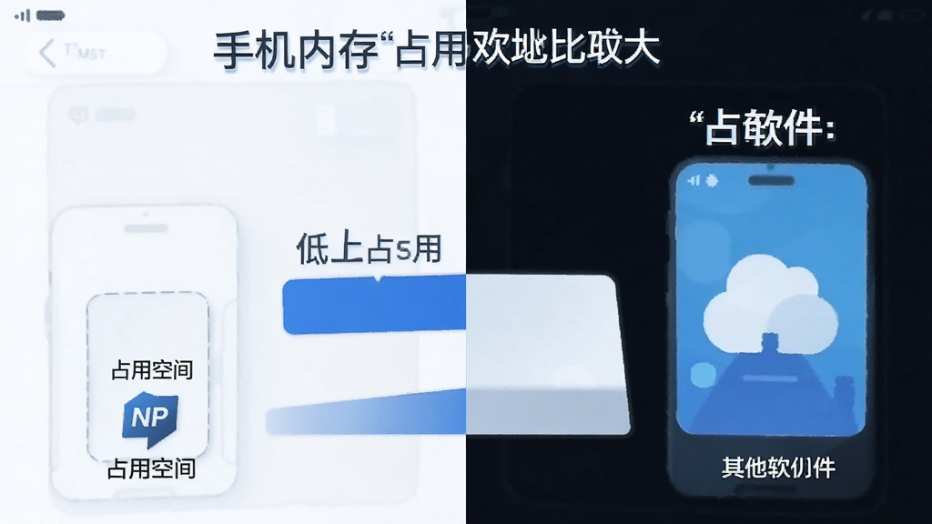 一张手机内存占用对比示意图,画面左侧显示“NP”软件占用空间极小,右侧显示其他软件占用较大,中间用对比条呈现,整体风格信息图表化,蓝白色调,数据清晰,画质干净,突出“低占用”特点