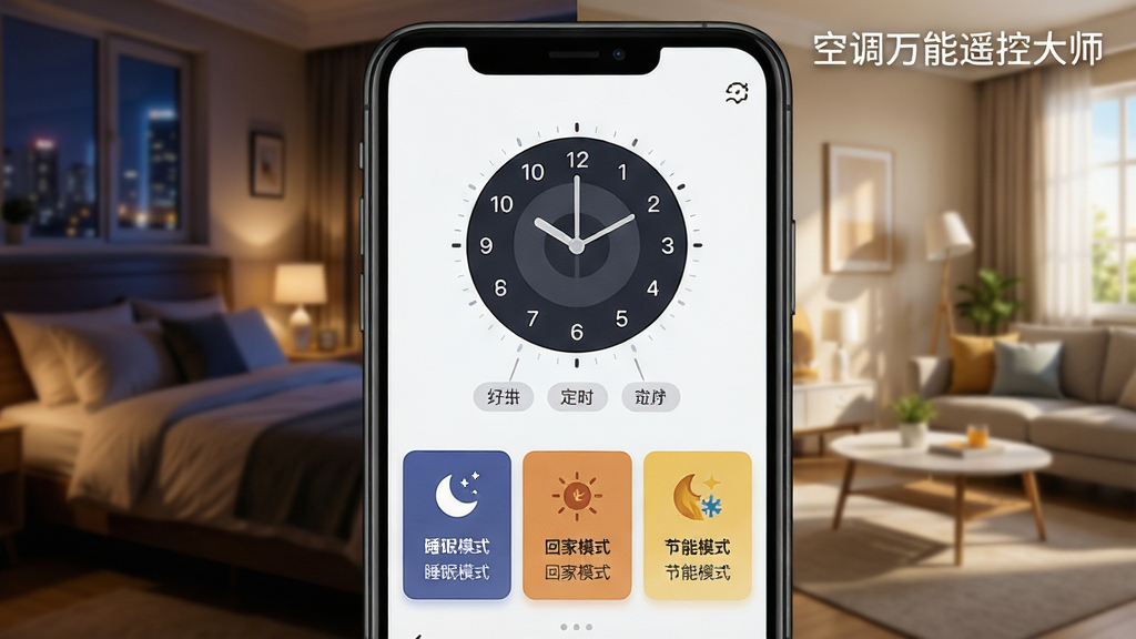 一张展示空调万能遥控大师定时与场景管理功能的图片,画面是一部手机屏幕特写,显示空调万能遥控大师App的定时设置界面,界面上有一个圆形时钟表盘和多个时间节点标签,下方有“睡眠模式”“回家模式”“节能模式”等场景卡片,每个卡片配有对应的图标和简短说明,背景是模糊的卧室夜景和客厅日景的拼接,整体风格温馨实用,布局清晰,画质干净,图片中文字标注“空调万能遥控大师”。