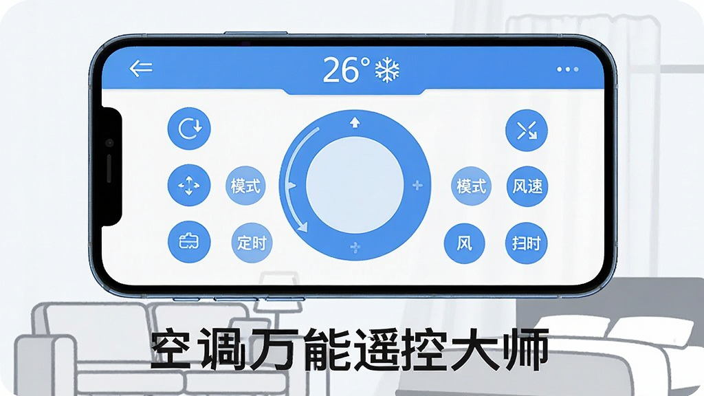 一张展示空调万能遥控大师多功能遥控面板的图片,画面中心是一部手机横屏放置,手机屏幕显示空调万能遥控大师App的遥控界面,界面顶部显示当前温度26度和制冷模式图标,中间是巨大的圆形温度调节盘,周围环绕着开关、模式、风速、扫风、定时等功能按钮,按钮采用圆润的扁平化设计,蓝白配色,手机下方有沙发和床的局部轮廓暗示居家场景,整体风格现代简洁,画质干净清晰,图片中文字标注“空调万能遥控大师”。