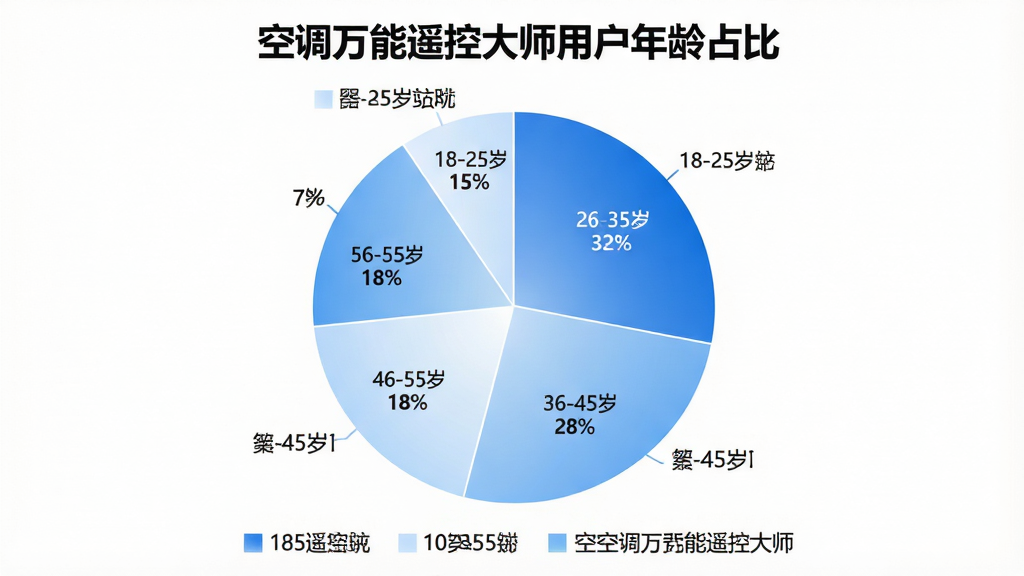 一张展示空调万能遥控大师用户年龄分布的饼状图,图表标题为“空调万能遥控大师用户年龄占比”,饼图分为五个扇形区域,分别标注18-25岁占15%、26-35岁占32%、36-45岁占28%、46-55岁占18%、56岁以上占7%,配色采用蓝白渐变系,每个扇形区域有清晰的百分比数字标注,图表下方有图例说明,背景干净白色,整体风格专业简洁,画质清晰,图片中文字标注“空调万能遥控大师”。