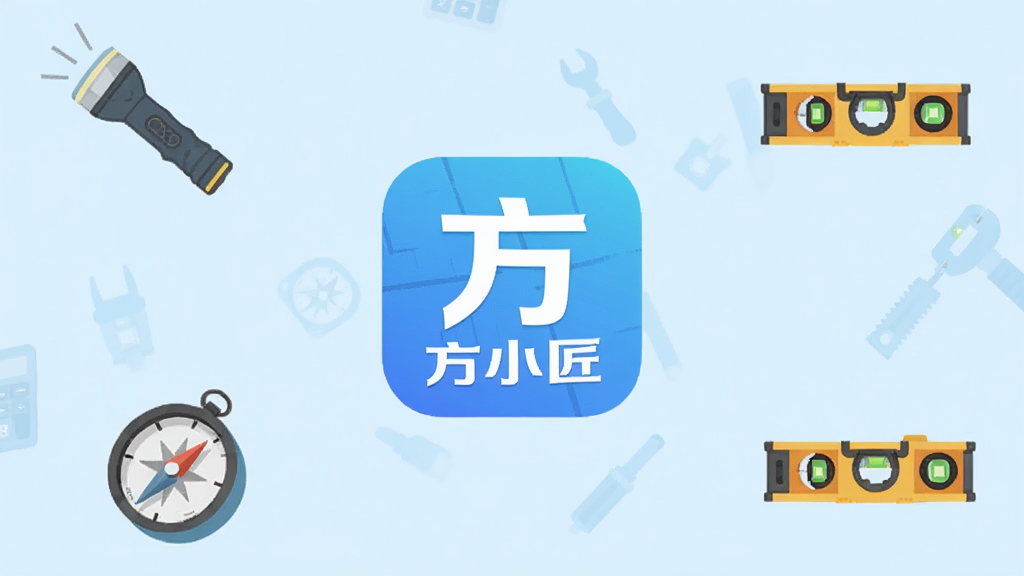 方小匠手机工具箱应用界面展示,主屏幕中央显示应用图标和名称“方小匠”,背景是简洁的浅蓝色渐变,周围漂浮着手电筒、计算器、指南针、水平仪等小工具图标,整体风格扁平化设计,干净清爽,无多余文字和装饰,画质清晰,适合作为应用推荐头图