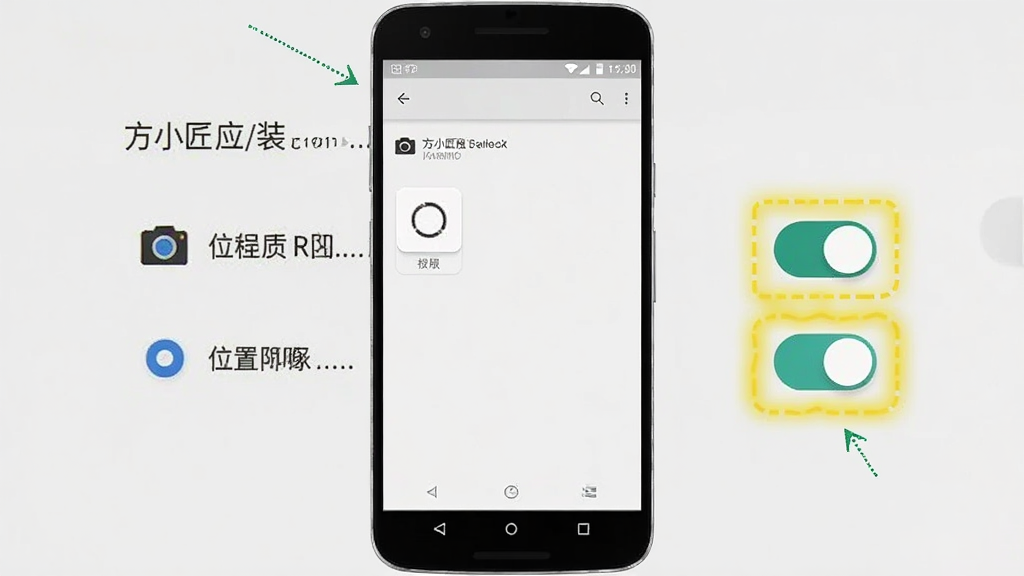 方小匠应用安装权限设置界面示意图,手机屏幕显示安卓系统的应用权限管理页面,相机和位置权限开关被高亮标注,界面为原生安卓风格,背景浅灰色,文字清晰可辨,整体干净整洁,用于教程配图