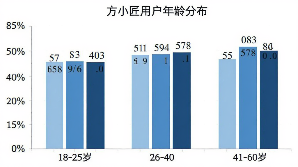 方小匠用户年龄分布柱状图,横轴为年龄段18-25岁、26-40岁、41-60岁,纵轴为占比百分比,柱状图颜色分别为浅蓝、中蓝、深蓝,图表标题为“方小匠用户年龄分布”,背景白色,数据标签清晰,整体风格简洁商务,画质干净无多余元素