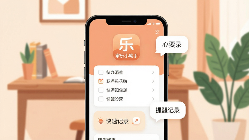 一张展示家乐小助手软件核心全貌的插画,画面中央是手机屏幕,屏幕上显示着“家乐小助手”的App图标和简洁的首页界面,界面包含待办清单、快捷记录和提醒气泡,背景是温馨的家居环境,有书桌和绿植,风格为现代扁平化插画,色彩柔和温暖,画质干净清晰,无多余元素