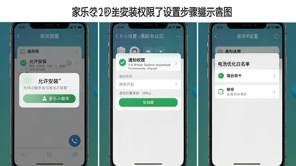 一张展示家乐小助手安装与权限设置步骤的示意图,画面分为三格,第一格是手机弹窗“允许安装”,第二格是通知权限开启界面,第三格是电池优化白名单设置界面,界面文字清晰,风格为手机UI截图风格,布局整齐,画质干净