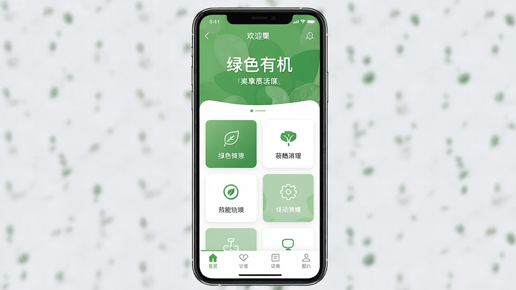 一张手机应用界面截图,展示“绿色有机”软件的主页,页面以清新自然的绿色和白色为主色调,顶部有欢迎语,中间是功能模块入口,底部是导航栏。整体风格简洁、干净、现代,画质清晰,无多余元素。