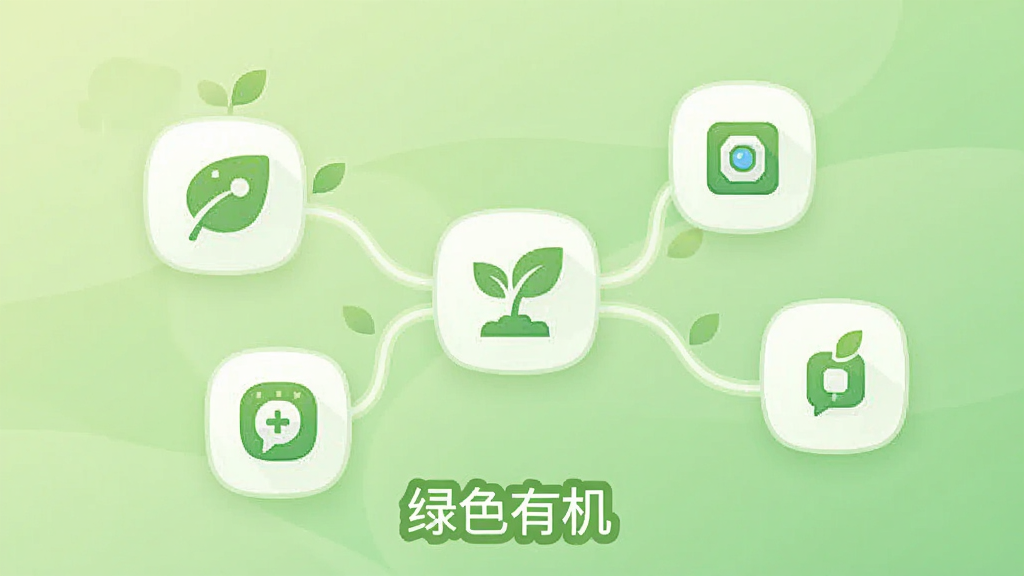 一张“绿色有机”软件功能模块的示意图,画面中分散着几个圆润的图标,分别代表不同的便捷工具,图标之间用柔和的线条连接,背景是浅绿色渐变,风格简洁扁平,画质干净,带有“绿色有机”文字标注。