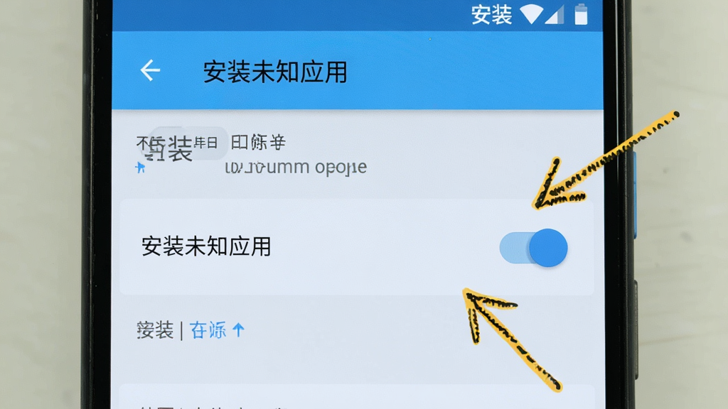 一张手机屏幕截图,展示安卓系统的“安装未知应用”权限设置界面,界面中有明确的开关按钮,旁边有手绘风格的箭头指向开关,背景为浅色,风格简洁明了,画质清晰,用于指导用户如何授权安装。