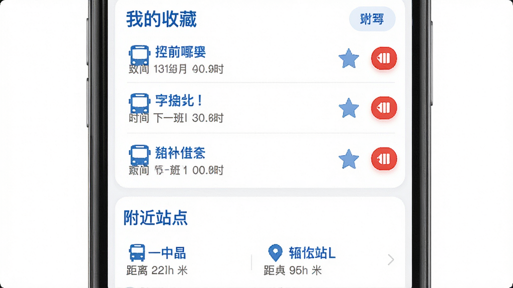 �ֻ�Ӧ�ý��棬�ϰ벿���ǡ��ҵ��ղء��б�����ʾ����������·���ƺͶ�Ӧ����һ�ൽվʱ�䣬ÿ����·�Ҳ�������ͼ��ͺ�ɫɾ����ť���°벿���ǡ�����վ�㡱�Ƽ�������ʾ����վ�����ƺ;������������岼��Ϊ���½ṹ���׵����֣���ťԲ�ǣ������ʵ�ã������������޶���װ��