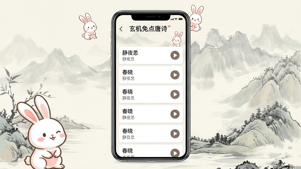 һ��չʾ�������õ���ʫ��App�������ͼƬ�������������ֻ���Ļ����Ļ����ʾ��ʫ�б����棬�����ǵ��ŵ�ˮīɽˮ��������ӿ�ͨ�����׺���������ֻ���App���棬���־��У��Ű��࣬������¿ɰ���ϸ�ڰ�����ʫ�����硸��ҹ˼�����������������Ű�ťͼ�꣬���ʸ���ɾ��޶���Ԫ��
