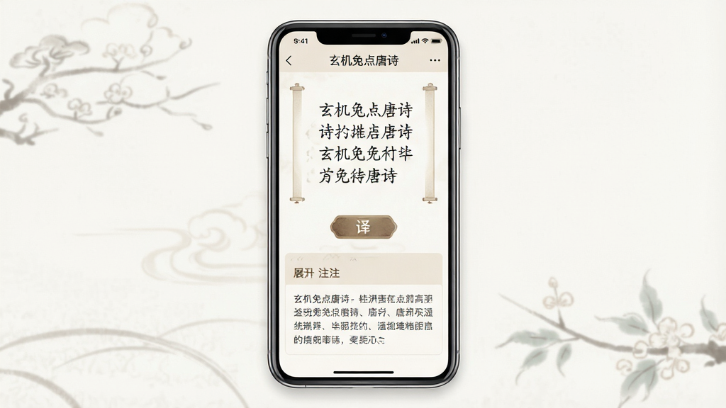 һ��չʾ�������õ���ʫ��App��ҳ��ͼƬ�������������ֻ���Ļ����Ļ����ʾһ����ʫ������ҳ���Ϸ���ʫ��ԭ�ģ��·��С��롹�ְ�ť��չ����ע����壬�������ֻ���App���棬���־��У��Ű����������ŷ��Լ��ϸ�ڰ���ʫ�����֡���ťͼ�ꡢע�����֣����ʸ���ɾ��޶���Ԫ��