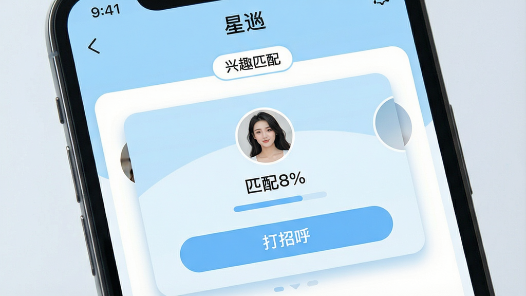 һ��չʾ�����ϡ�App����ƥ�书�ܵĽ����ͼ������Ϊ�ֻ���Ļ��д����Ļ����ʾ�����ϡ���ƥ��ҳ�棬�Ϸ��С���Ȥƥ�䡱��ǩ���м����û�ͷ��Ƭ��ƥ��Ȱٷֱȣ��·��С����к�����ť������Ϊ������д���Ű�ͻ��ƥ�俨Ƭ�����Ϊ�����罻�磬ǳ�����ɫ���䣻ϸ���Ͽ�Ƭ����΢��Ӱ����ťԲ�ǣ��������������ʸɾ��޶���Ԫ�ء�
