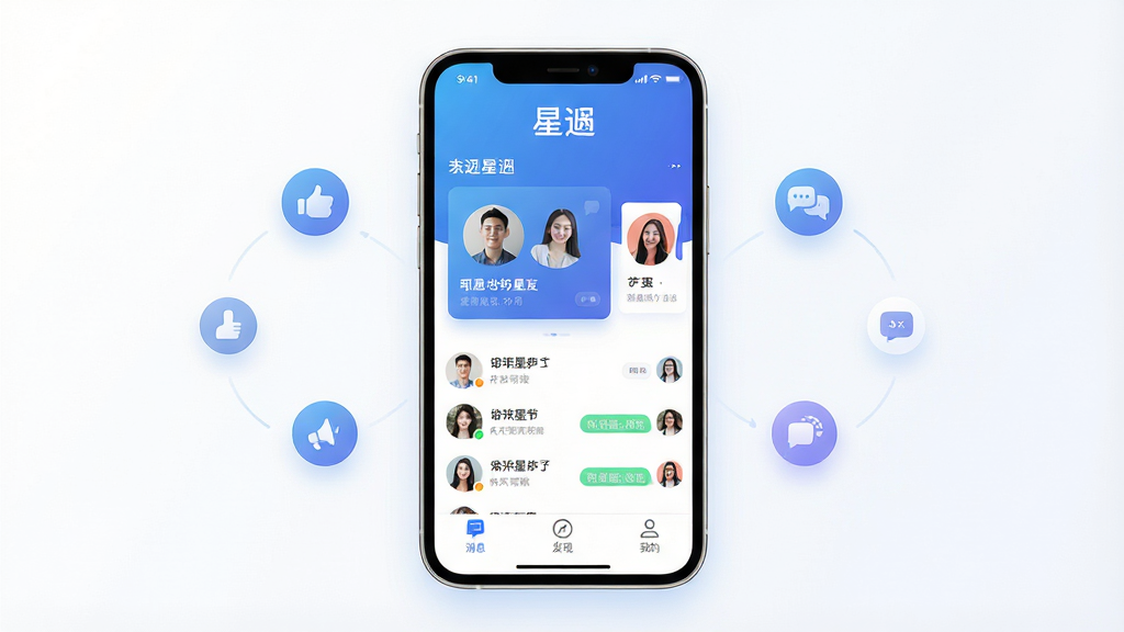 һ��չʾ�����ϡ�App����ȫò�ĺ������ͼ������Ϊһ���ִ������ֻ�����Ļ����ʾApp�����棬���涥���С����ϡ��������м��Ƕ�̬�Ľ��ѿ�Ƭ�������б����ײ�����Ϣ�����֡��ҵ�����ѡ������ֲ��þ��й�ͼ���ֻ������е������罻ͼ�긡�����Ű���ͻ���ֻ���Ļ�����Ϊ�ִ���ƽ���Ƽ��磬���׽�����ɫ����ϸ�����ֻ���ԵԲ�󣬽�������������ͼ�꾫�£����ʸ��壬�����ɾ��޶���Ԫ�ء�