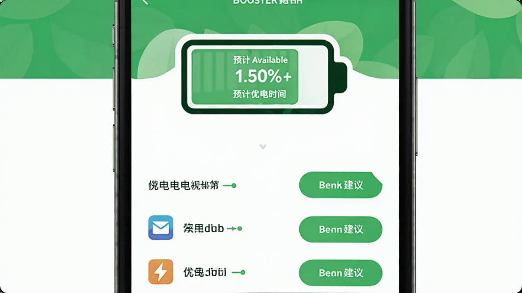 һ��չʾBooster����Ż����ܵ��ֻ�����ͼ������������һ�������״��ͼ�꣬����ڲ���ʾ�����ٷֱȺ�Ԥ�ƿ���ʱ�䣬����·��г��ĵ�Ӧ�����кͶ�Ӧ���Ż����鰴ť������ɫ��Ϊ��ɫ�Ͱ�ɫ�����������Ȼ�����ֹ���������ɾ�������Ԫ��