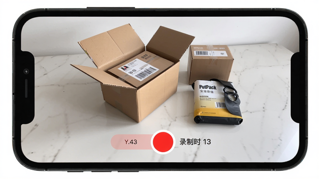 һ��չʾ�ֻ���Ļ��ͼƬ����Ļ����PutPack����¼��App��¼�ƽ��棬��������һ�����ֽ�����Ʒ������ײ�����Ŀ�ĺ�ɫ¼�ư�ť���Ա���ʾ¼��ʱ�������岼�ּ�࣬�������ʵ���ֻ�Ӧ�ý�ͼ�����������ɾ����޶���Ԫ��