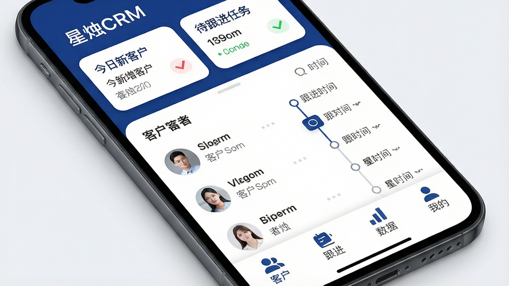 �ֻ���Ļ��д�����������ǡ�����CRM��Ӧ�ý��棬��ɫ��Ϊ�������ɫ��������ʾ���������ͻ��ʹ���������Ƭ���в��ǿͻ��б��͸���ʱ���ᣬ�ײ��������пͻ������������ݡ��ҵ��ĸ�ͼ�꣬����ִ���ƽ��ϸ��Բ�󣬻��ʸɾ��������޶���Ԫ��