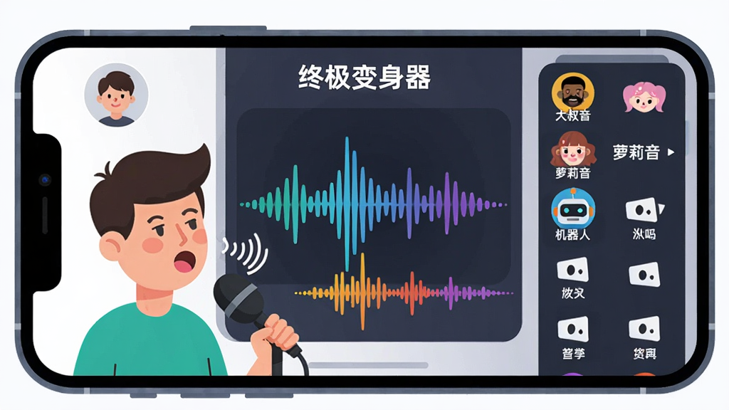 一张展示“终极变身器”实时变声功能的AI生图,画面主体是一部横向放置的智能手机,屏幕显示“终极变身器”的实时变声界面,界面中央有一个动态的声波图,正在随着声音跳动,屏幕左侧是用户头像,右侧是各种变声效果的图标列表,如“大叔音”、“萝莉音”、“机器人”等,一个卡通人物正在对着手机麦克风说话,嘴巴旁边有表示声音的线条,声音经过手机后变成了另一种颜色的声波,画面风格为扁平化插画,色彩明快,画质清晰,干净,无多余元素。