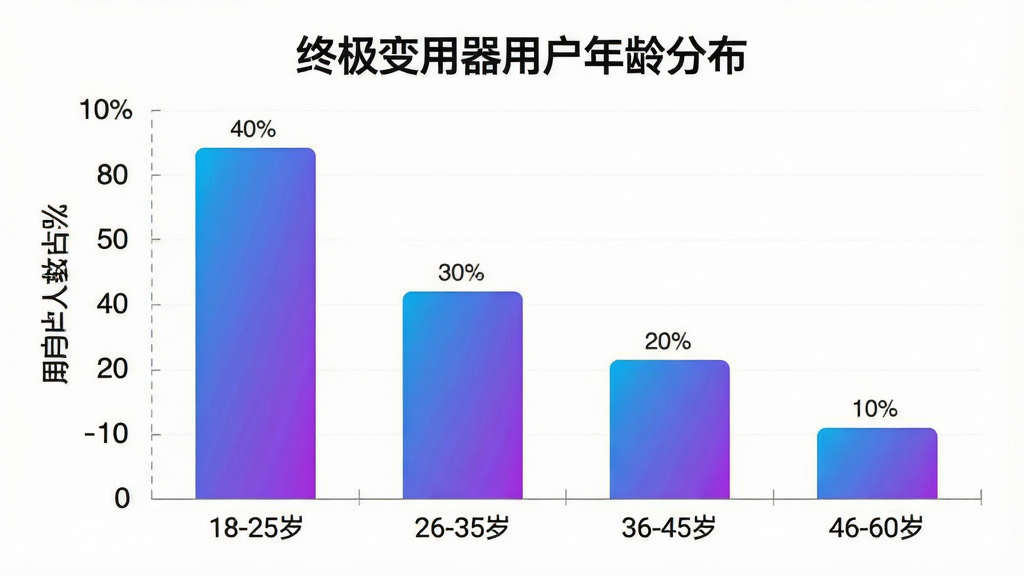 一张展示“终极变身器”用户年龄分布的柱状图,图表标题为“终极变身器用户年龄分布”,横轴为年龄段,分为“18-25岁”、“26-35岁”、“36-45岁”、“46-60岁”,纵轴为用户人数占比百分比,柱状图显示18-25岁占比最高,约为40%,26-35岁占比约30%,36-45岁占比约20%,46-60岁占比约10%,图表颜色为渐变的蓝色和紫色,风格简洁现代,画质清晰,干净,无多余元素。