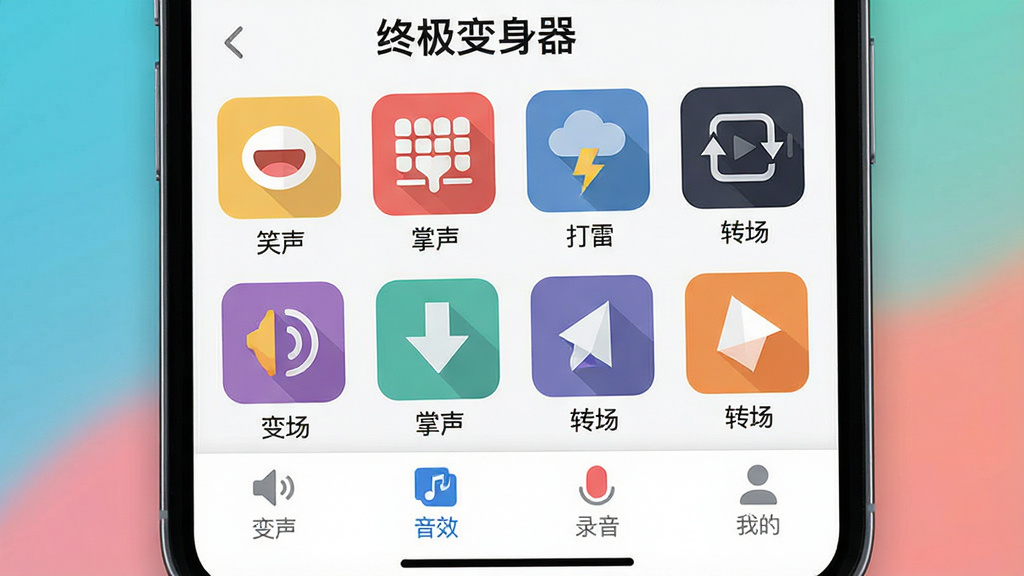 一张展示“终极变身器”音效素材库和操作界面的AI生图,画面主体是一个手机屏幕的特写,屏幕上显示着“终极变身器”的音效库页面,页面以网格形式排列着各种音效图标,如“笑声”、“掌声”、“打雷”、“转场”等,每个图标下方有文字标签,屏幕底部是导航栏,有“变声”、“音效”、“录音”、“我的”四个选项,画面风格为现代扁平化设计,色彩丰富但不刺眼,画质清晰,干净,无多余元素。
