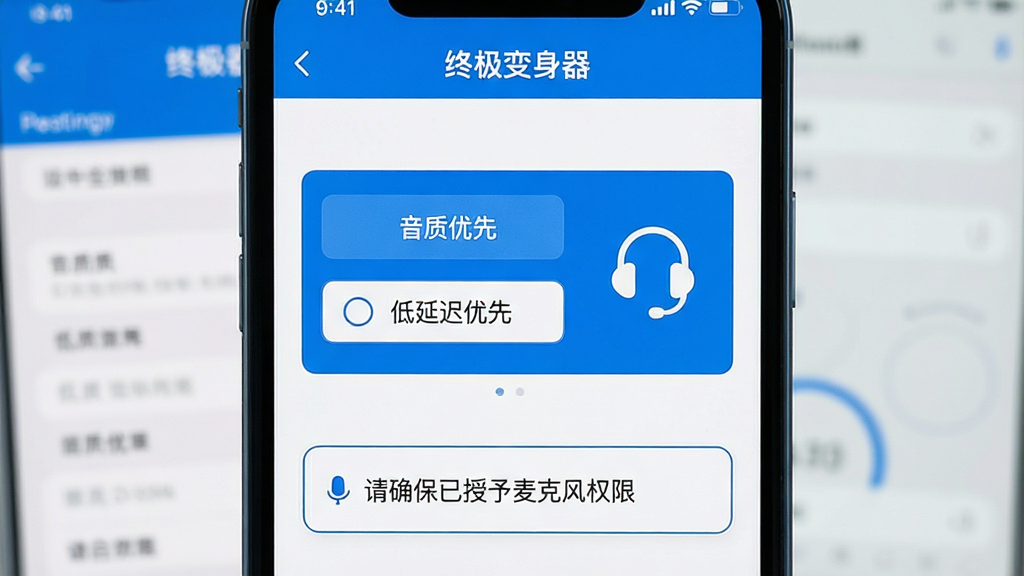 一张展示“终极变身器”使用技巧和问题解决的AI生图,画面主体是一个手机屏幕,屏幕上显示着“终极变身器”的设置界面,界面中有“音质优先”、“低延迟优先”的选项按钮,旁边有一个耳机图标,屏幕下方有一个提示框写着“请确保已授予麦克风权限”,背景是手机设置页面的模糊效果,画面风格为简洁的UI设计展示,色彩以蓝色和白色为主,画质清晰,干净,无多余元素。