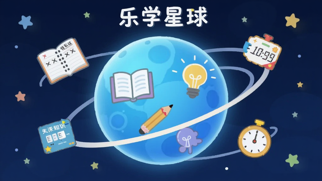 画面中央是一个发着柔和蓝光的星球,星球表面有书本、铅笔和灯泡的简笔画图案,星球周围环绕着轨道,轨道上跑着错题本、知识卡片和计时器的小图标,背景是深蓝色的星空,点缀着星星,整体风格是扁平化卡通插画,画质干净清晰,无多余元素,图片中加文字